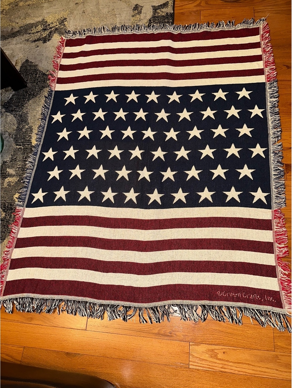 VTG American Flag Patriotic Throw Blanket Grandmacore 62” x 47”